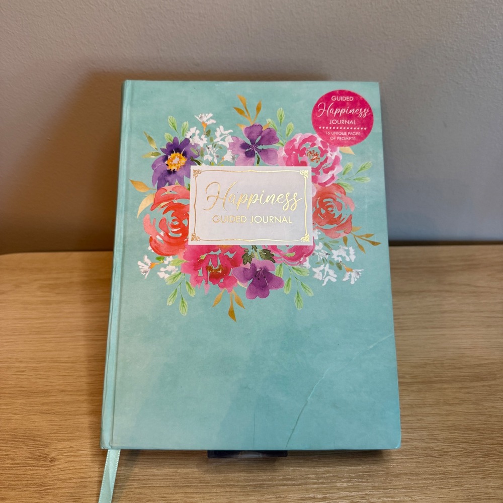 Happiness Guided Journal Teal Floral Hardcover Mindfulness Prompts Gold Foil